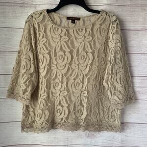 Fever Beige Sheer Floral Lace Blouse Boat Neck 3/4 Sleeves Size XL